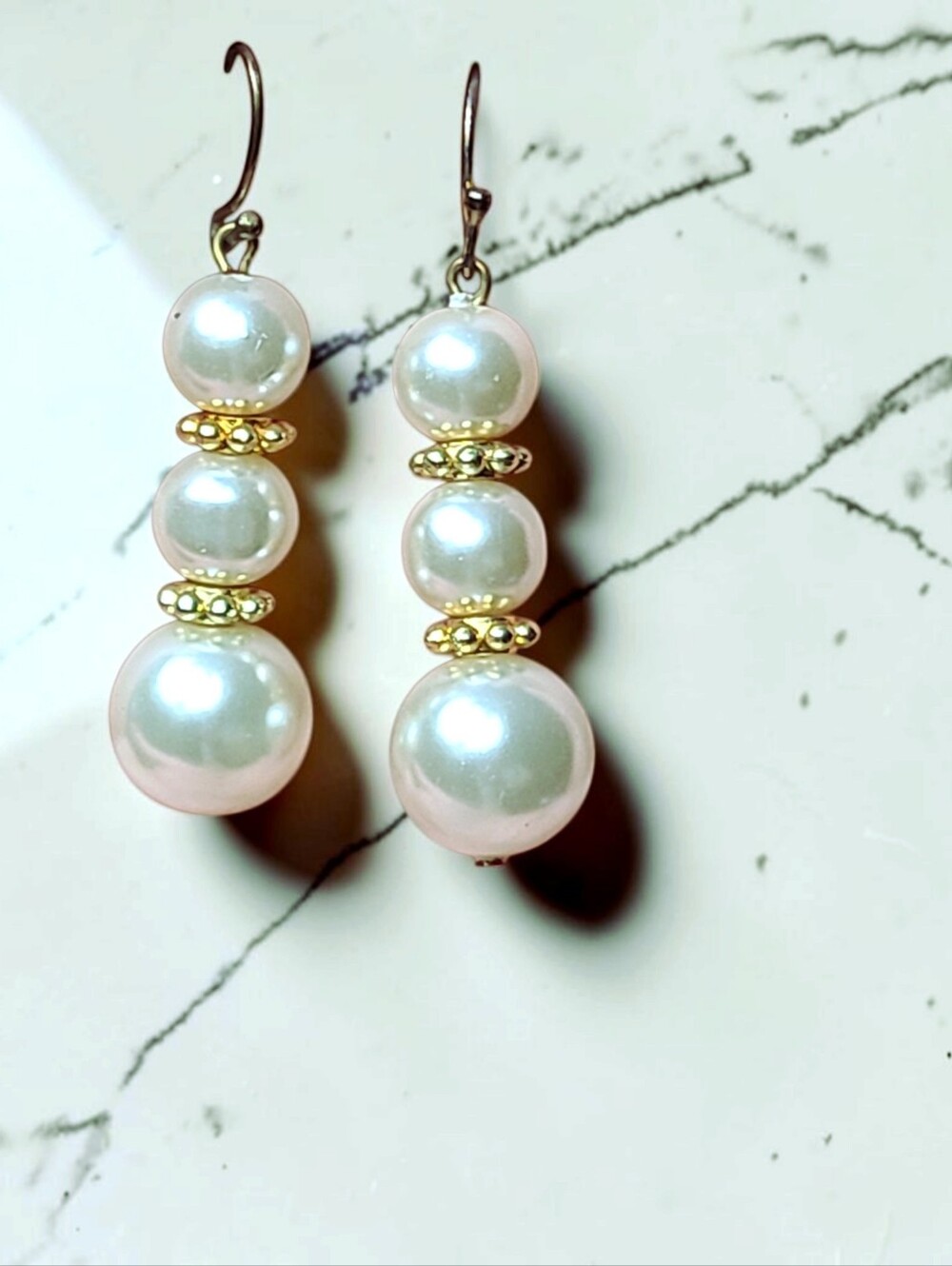 Faux Pearl Drop Dangle Earrings with Gold Accents - White